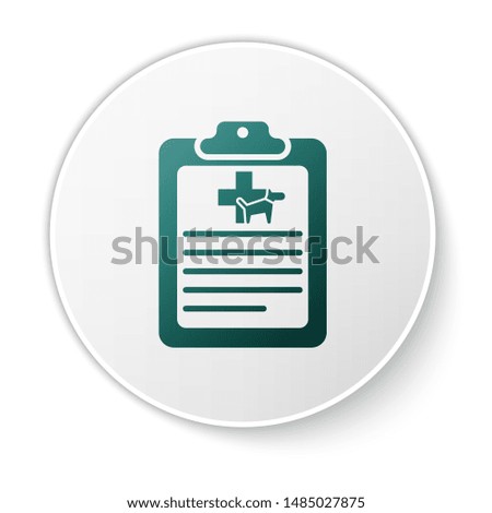 Green Clipboard with medical clinical record pet icon isolated on white background. Health insurance form. Medical check marks report. White circle button