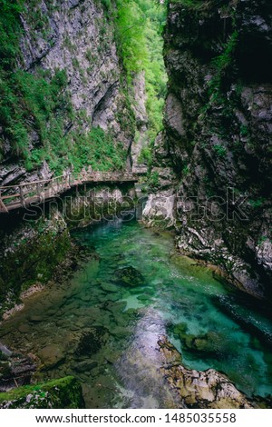 The river and the wooden walkway of Vintgar gorge in Slovenia