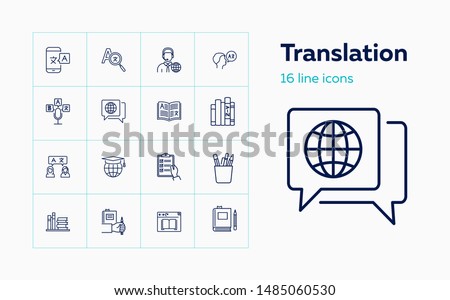 Translation icons. Set of line icons. Dictionary, online translator, language. Linguistics concept. Vector illustration can be used for topics like education, communication, applications Royalty-Free Stock Photo #1485060530