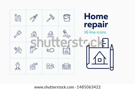 Home repair line icon set. Saw, hammer, brickwork, blueprint. Construction concept. Can be used for topics like housing housekeeping, renovation Royalty-Free Stock Photo #1485063422