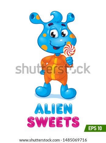 Alien eats caramel sweet candy vector character illustration art. Mascot play funny pictures. Blue alien kid baby smile funny sweet