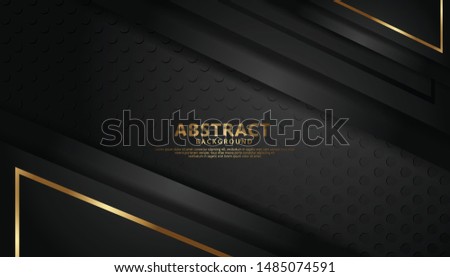 Luxury black overlap layers background with golden line golden effect. Realistic dots on textured dark background