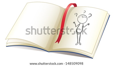 Illustration of a notebook with a drawing of a girl and a red bookmark on a white background
