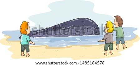Illustration of a Big and Dead Whale by the Shore with Men Looking at It