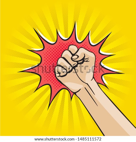 Punch Retro Comic Cartoon Style Creative Concept with Raised Hand Clenched into Fist Sign Rays Circle and Burst out Speech Bubble - Black and Red on Yellow Background - Vector Hand Drawn Design