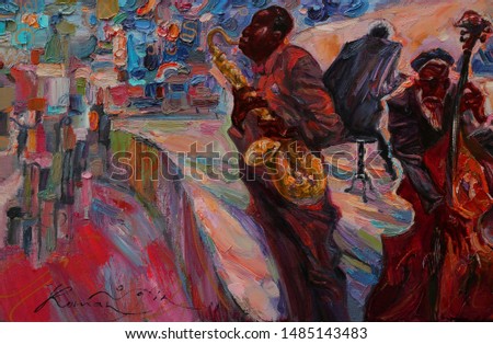  singer, jazz club, saxophonist, jazz band, oil painting, artist Roman Nogin, series "Sounds of Jazz."looking for partnerships with artdillers- contact facebook Royalty-Free Stock Photo #1485143483