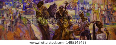  singer, jazz club, saxophonist, jazz band, oil painting, artist Roman Nogin, series "Sounds of Jazz."looking for partnerships with artdillers- contact facebook Royalty-Free Stock Photo #1485143489