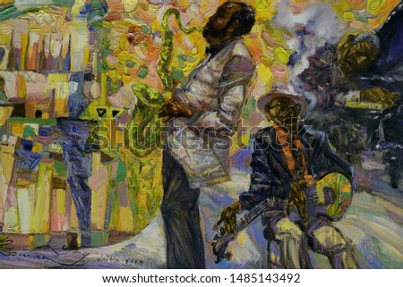 texture, oil painting,  original painting, jazz singer, musician, classical jazz music ,  oil painting, artist Roman Nogin, series "Sounds of Jazz."  Royalty-Free Stock Photo #1485143492