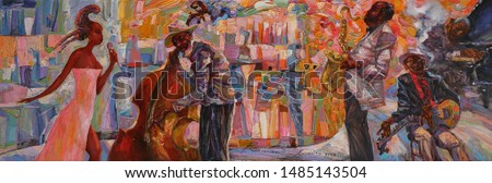  singer, jazz club, saxophonist, jazz band, oil painting, artist Roman Nogin, series "Sounds of Jazz."looking for partnerships with artdillers- contact facebook Royalty-Free Stock Photo #1485143504
