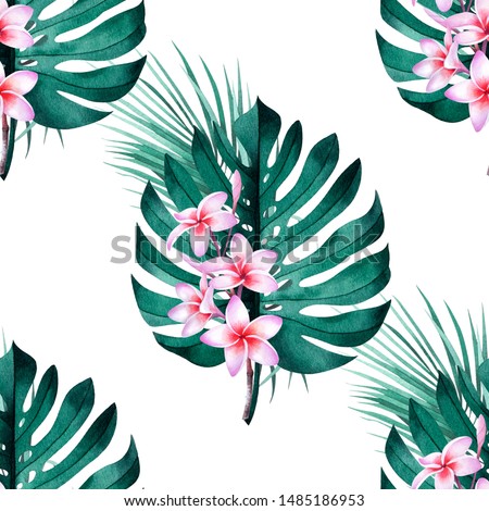 Tropical seamless pattern with plumeria flowers, exotic monstera, banana and palm leaves on white background.