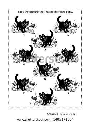 Halloween or autumn themed visual puzzle with black cats and spiders. Match the mirrored copies. Spot the odd one out. Answer included.