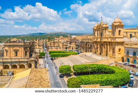 Panoramic view in Noto, with the Cathedral and the Palazzo Ducezio. Province of Siracusa, Sicily, Italy. Royalty-Free Stock Photo #1485229277