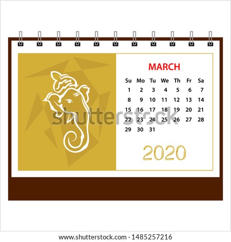 Desk Calendar 2020 March Ganesha (The Lord Of Wisdom), Table Daily Calendar Template Vector Art Illustration