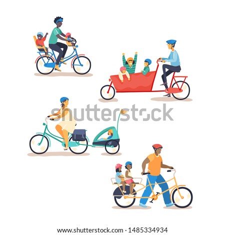 Family cycling on different cargo bike types. Parents cycling together with young children. Parent bike with child seats, boxbike, bike with trailer, longtail. Flat vector illustration.