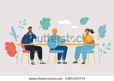 Coworking space with creative people sitting at the table. Business team working together at the big desk using laptops. Human character on white. Coworking space. Royalty-Free Stock Photo #1485345974