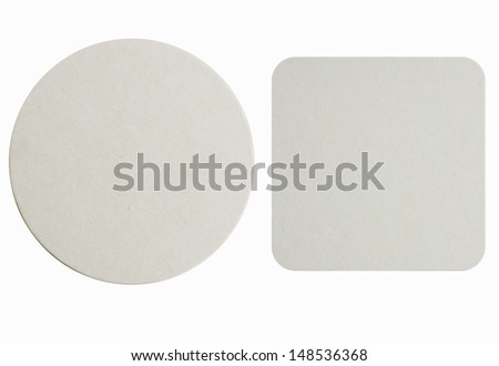 Image of two new beer coasters isolated on a white background. Add your own design or logo. Royalty-Free Stock Photo #148536368