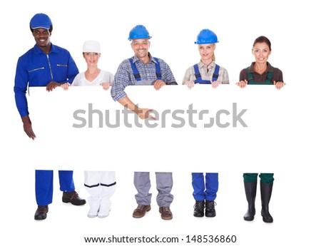 People With Diverse Professions Holding Placard Over White Background