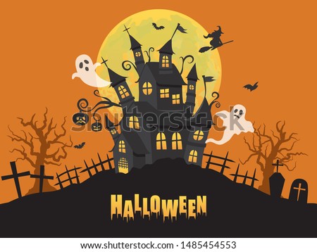Halloween image vector illustration. Haunted house and spooky full moon. Royalty-Free Stock Photo #1485454553