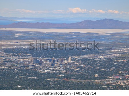 Aerial view of Salt Lake City, Great Salt Lake and Antelope Island