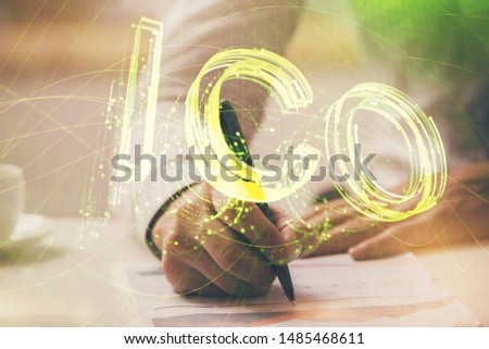 Businessman with hands background. Crypto currency concept.