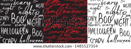 Happy Halloween. Handwritten lettering words seamless patterns set for Halloween. The phrase in black, red, white on background. Use for postcard, card, page etc.