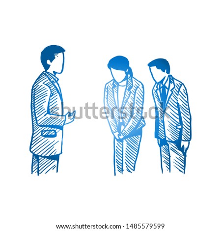 Sketch draw of manager giving brief to new recruit employees about standard operation procedure of company. Business deal hand drawn concept. Isolated vector illustration design with white background