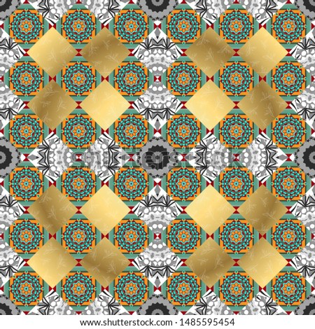 Vector ethnic geometric pattern mandalas, seamless background in traditional gray, blue and yellow colors, tribal folk style.