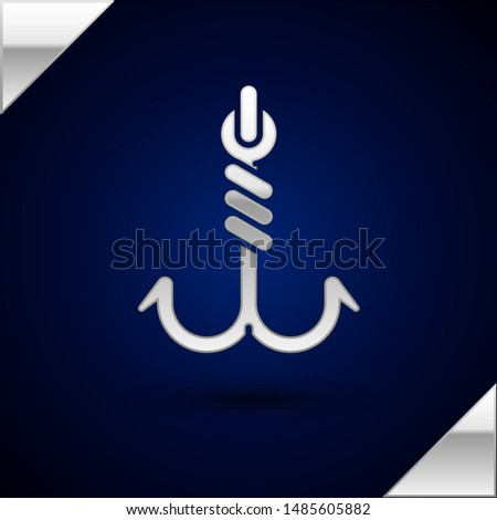 Silver Fishing hook icon isolated on dark blue background. Fishing tackle.  Vector Illustration