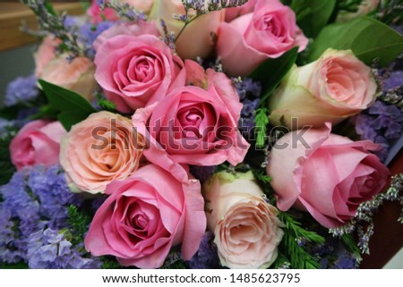 Bouquet of colorful roses, top view