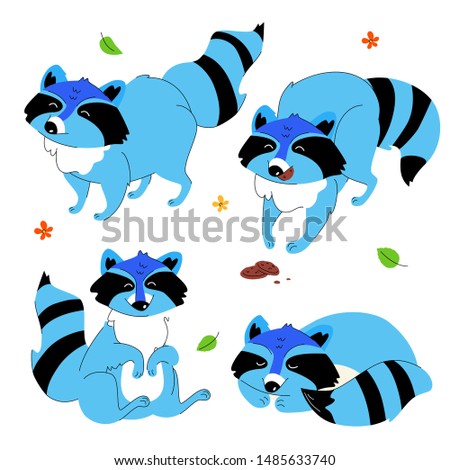 Cute cartoon racoon - set of flat design style characters