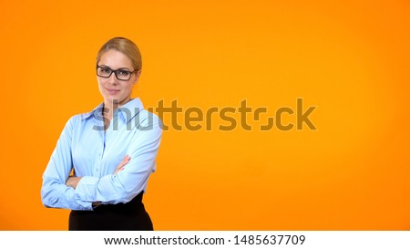 Professional office worker suit and eyeglasses folded arms, educational project