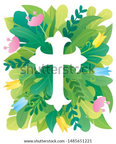 Abstract illustration of Christian cross symbol with floral ornaments around it.
