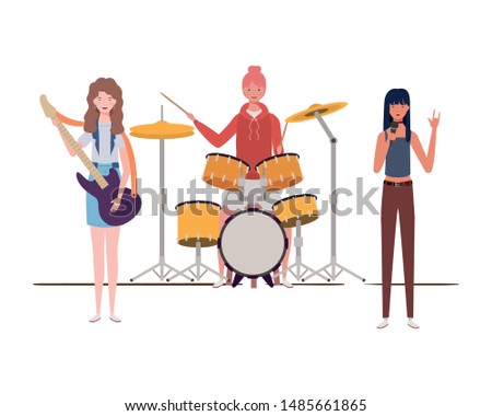 women with musicals instruments on white background