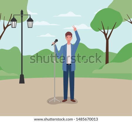 man singing with microphone character