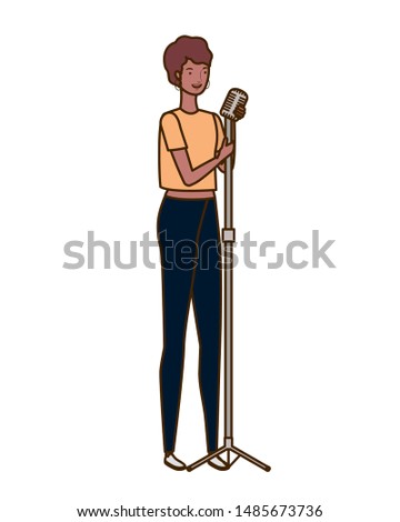 young woman with microphone on white background