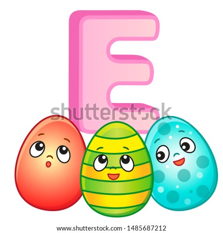Vector bright illustrations alphabet with capital letters of the English and cute cartoon animals and things. Poster for kindergarten and shool. Cards for learning English. Letter E. Easter Eggs
