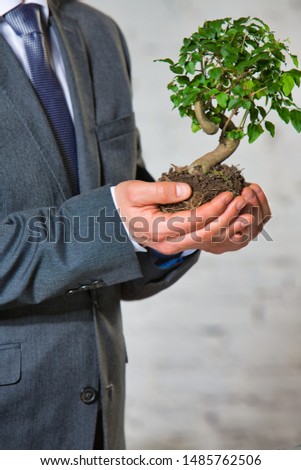 Young businessman holding plant against wall at office