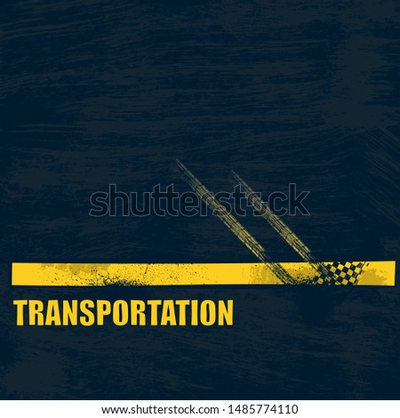 Dark blue grunge road background with yellow line and tire tracks