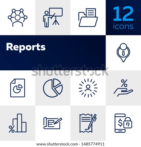Reports line icon set. Presentation, diagram, bar chart. Analysis concept. Can be used for topics like analytics, marketing, business