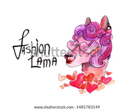 Fashion Lama in pink glasses with hearts. Isolated