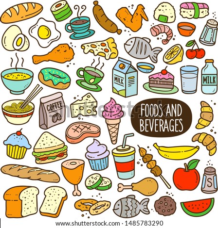 Food and beverages doodle drawing collection. Food and beverages such as bread, egg, fruits, cookie, meat etc. Hand drawn vector doodle illustrations in colorful cartoon style.
