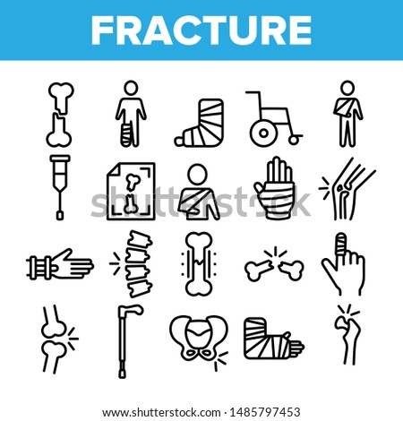 Collection Fracture Elements Vector Sign Icons Set Thin Line. Gypsum Foot And Hand Arm Crutch, Bones Fracture Linear Pictograms. Medicine Details And Character Monochrome Contour Illustrations Royalty-Free Stock Photo #1485797453