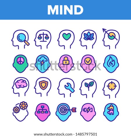 Color Mind Elements Vector Sign Icons Set. Padlock And Fire, Plant Leaves And Shield, Puzzle And Battery, Heart And Mind In Man Head Silhouette Linear Pictograms. Illustrations