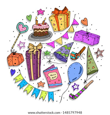 Happy Birthday. Simple colorful holiday set with themed and decorative elements. vector illustration. 