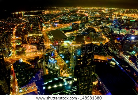 nigh time view of melbourne looking out over the bay Royalty-Free Stock Photo #148581380