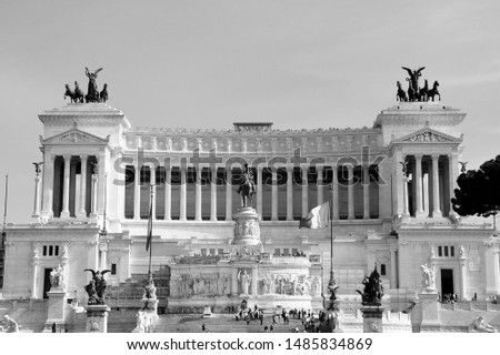 Rome, Italy. Vittoriano with gigantic equestrian statue of King Vittorio Emanuele II. Black and white vintage style.