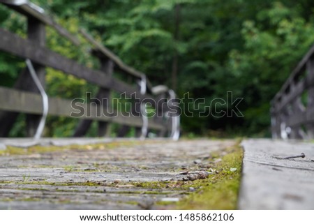 wooden road or bridge with old railings across the river. bottom view, copyspace