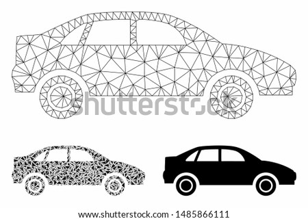 Mesh sedan car model with triangle mosaic icon. Wire carcass triangular network of sedan car. Vector mosaic of triangle parts in various sizes, and color tints. Abstract 2d mesh sedan car,