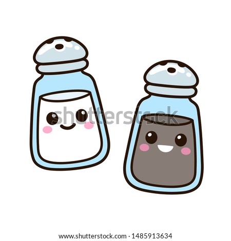 Salt and pepper shaker set with cute cartoon smiling faces. Kawaii characters drawing, vector clip art illustration.