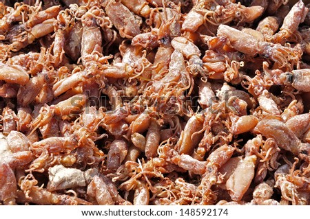 Dried squid in markets, and close-up pictures 